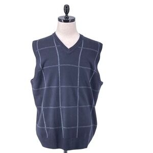 Dockers Mens V Neck Sweater Vest Blue Windowpane Plaid Knit Sleeveless Size XL
